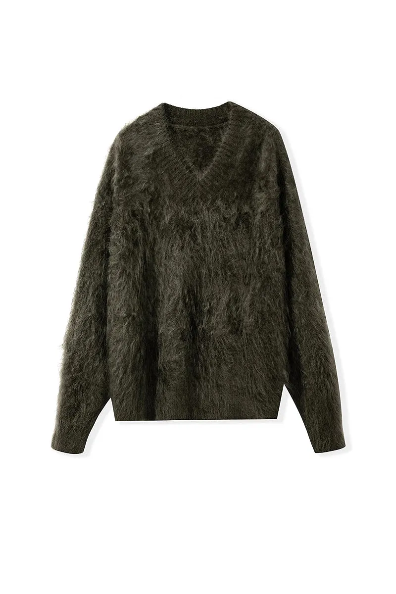 Chunky Brushed Cashmere V-Neck Pullover Sweater