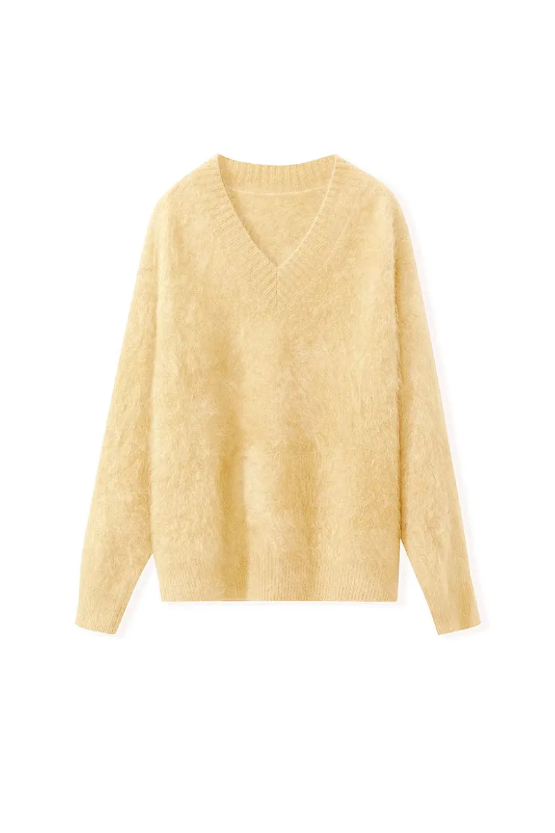 Chunky Brushed Cashmere V-Neck Pullover Sweater