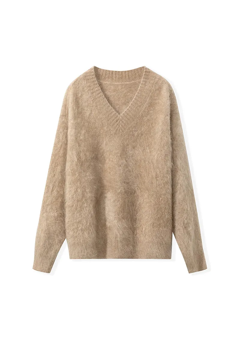 Chunky Brushed Cashmere V-Neck Pullover Sweater