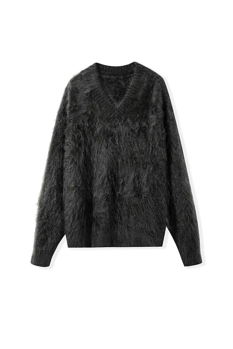Chunky Brushed Cashmere V-Neck Pullover Sweater