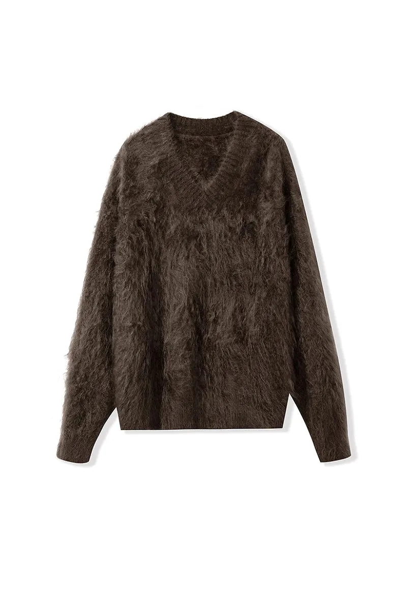 Chunky Brushed Cashmere V-Neck Pullover Sweater