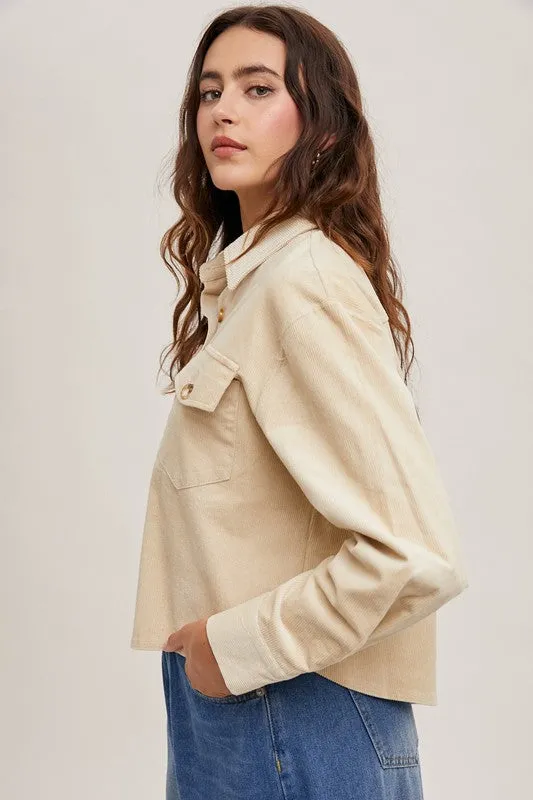 ^Corduroy Cropped Button Down Jacket - Ecru