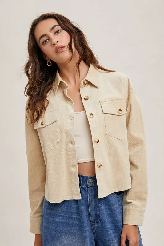 ^Corduroy Cropped Button Down Jacket - Ecru