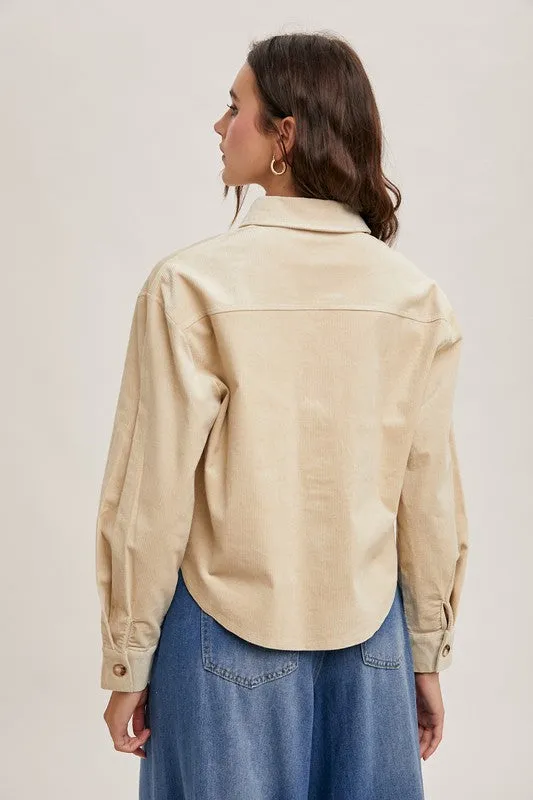 ^Corduroy Cropped Button Down Jacket - Ecru