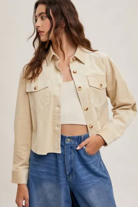 ^Corduroy Cropped Button Down Jacket - Ecru