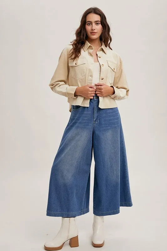 ^Corduroy Cropped Button Down Jacket - Ecru