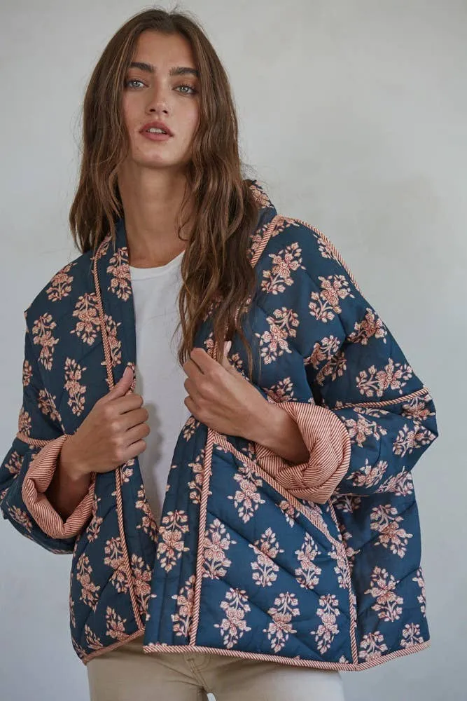 Cotton Print Quilted Jacket: Dark Teal