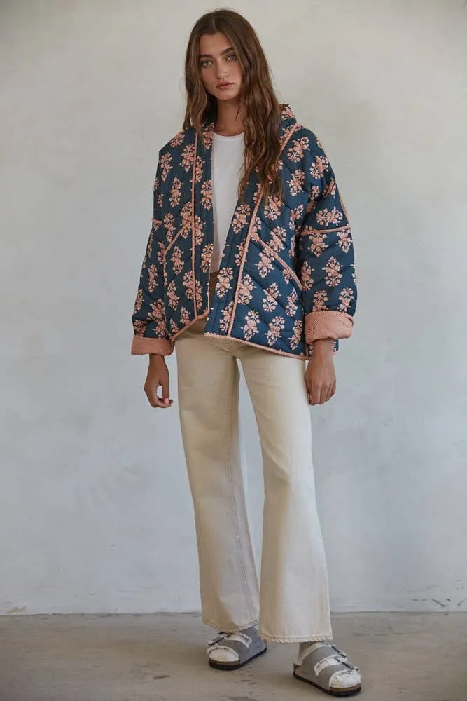 Cotton Print Quilted Jacket: Dark Teal
