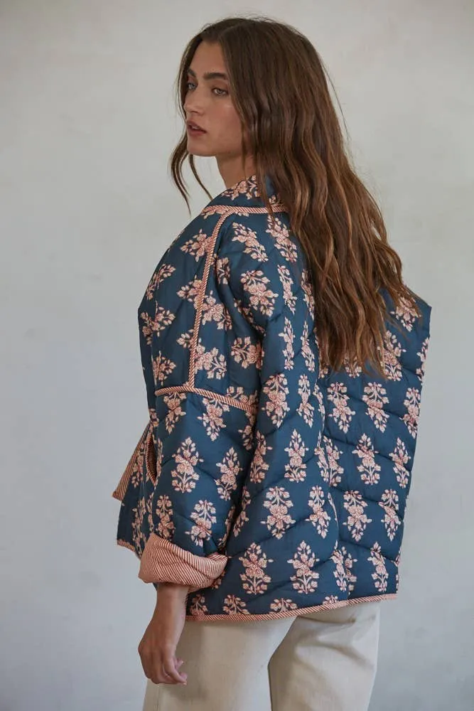 Cotton Print Quilted Jacket: Dark Teal