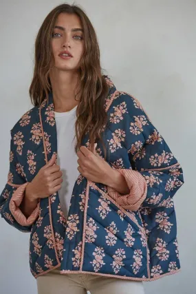 Cotton Print Quilted Jacket: Dark Teal