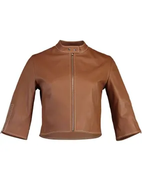 Cropped Tab Collar Biker Jacket - Cognac