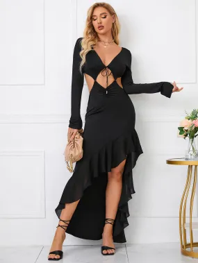 Cut Out Tie Front Asymmetrical Hem Dress