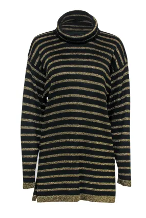 Doncaster - Black & Gold Striped Longline Knit Turtleneck Sweater Sz M