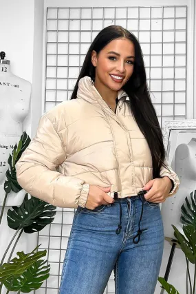 DRAWSTRING BEIGE CROPPED PUFFER JACKET