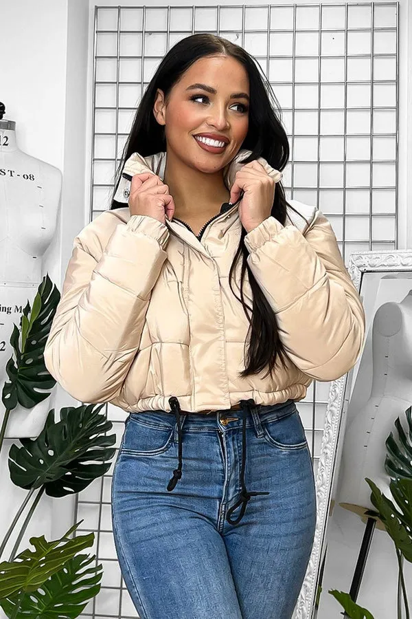 DRAWSTRING BEIGE CROPPED PUFFER JACKET