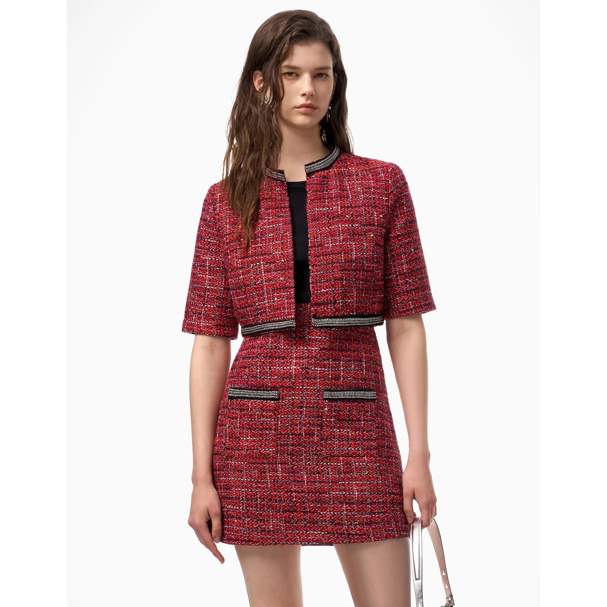 Embellished Trim Tweed Jacket - Red