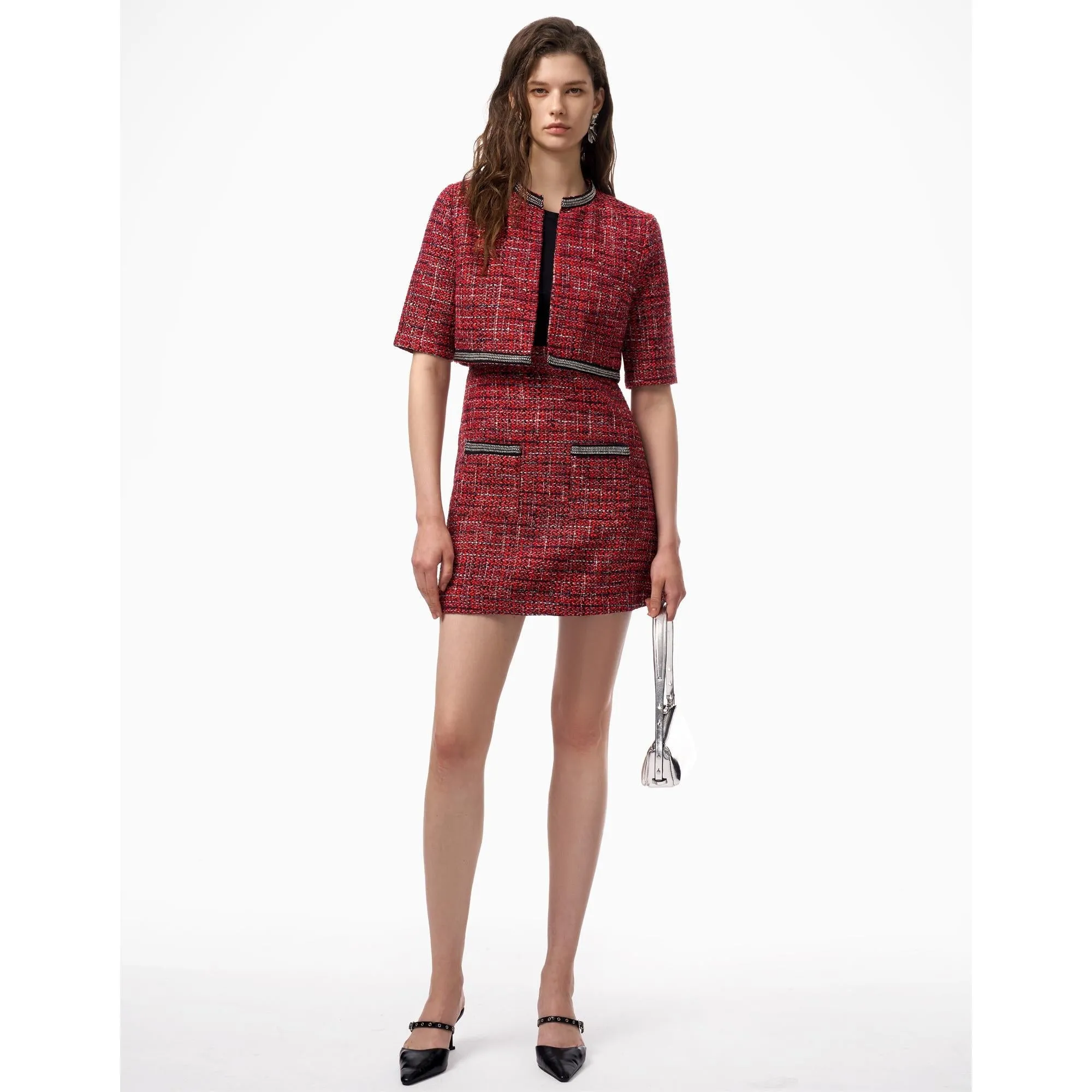 Embellished Trim Tweed Jacket - Red