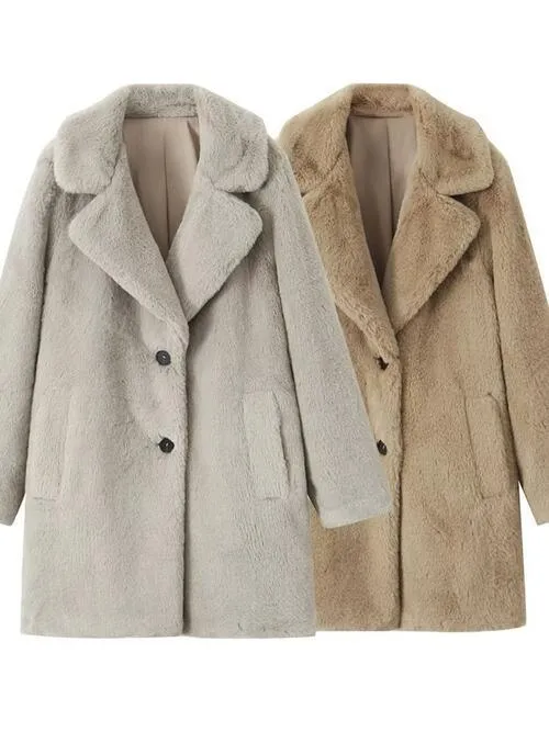 Faux Fur Lapel Coat with Pockets