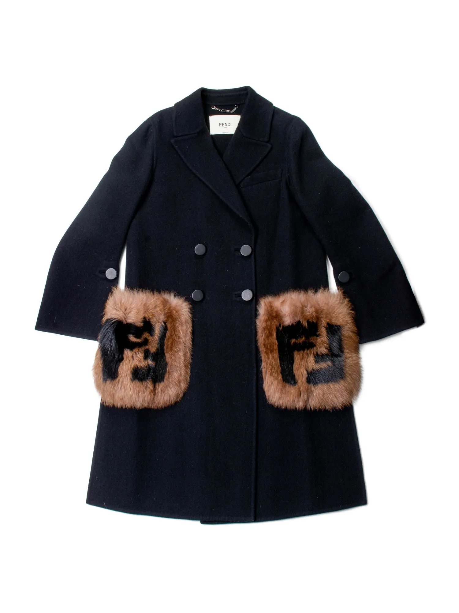 Fendi FF Logo Cashmere Fur Pocket Coat Black Brown