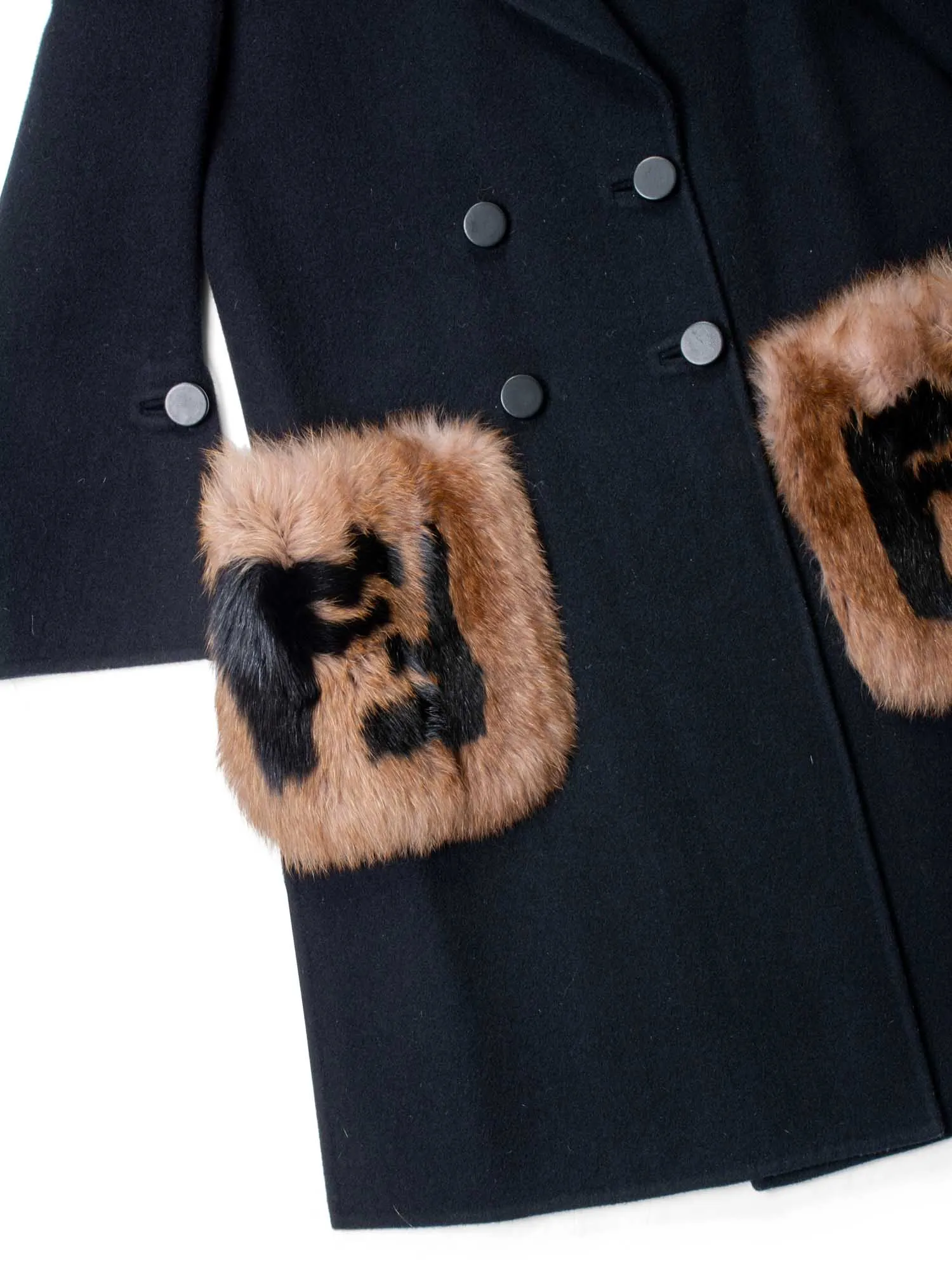 Fendi FF Logo Cashmere Fur Pocket Coat Black Brown