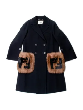 Fendi FF Logo Cashmere Fur Pocket Coat Black Brown