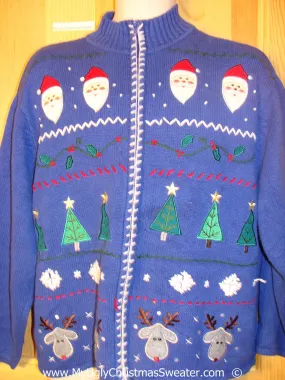 Festive Blue Christmas Sweater with Reindeer