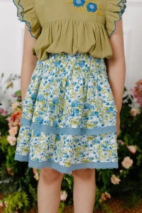 Giada Double Layered Cotton Cambric Girls Skirt - Blue Garden