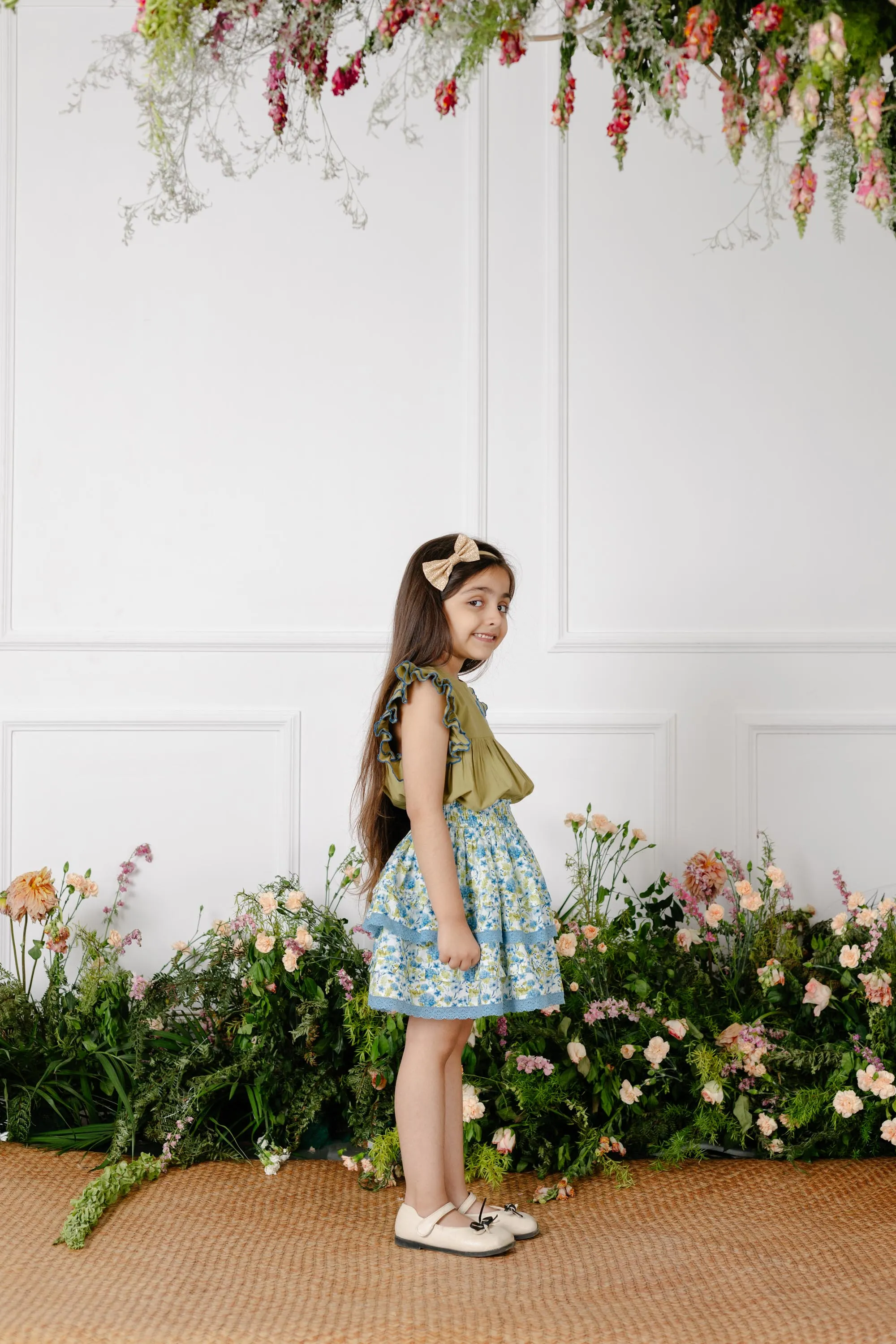 Giada Double Layered Cotton Cambric Girls Skirt - Blue Garden