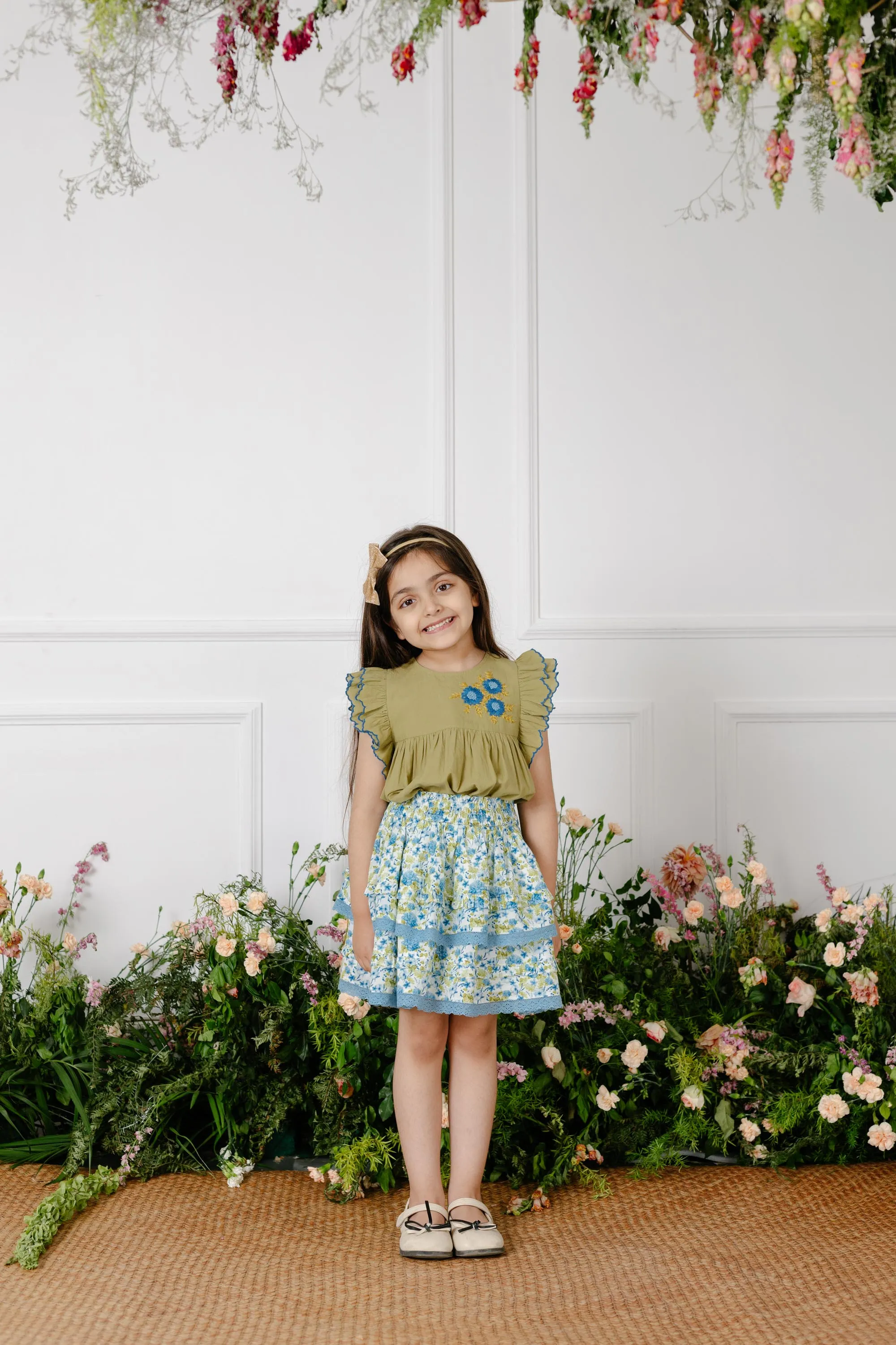 Giada Double Layered Cotton Cambric Girls Skirt - Blue Garden