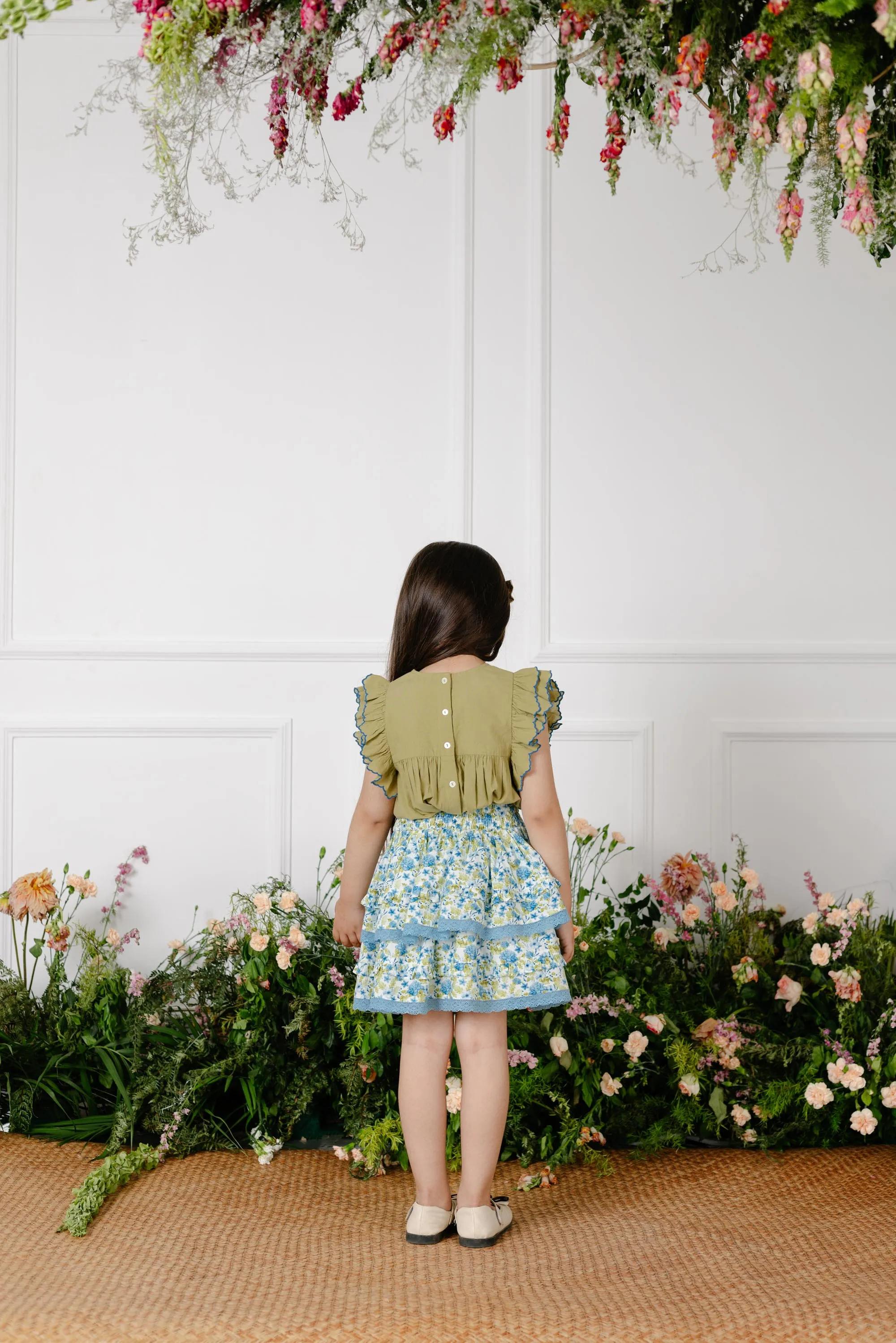 Giada Double Layered Cotton Cambric Girls Skirt - Blue Garden