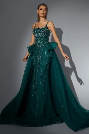 Gothic Emerald Green Sequin Ball Gown with Layered Tulle Skirt - Pretty Sequin Dress - Designer Sequin Gown Plus Size