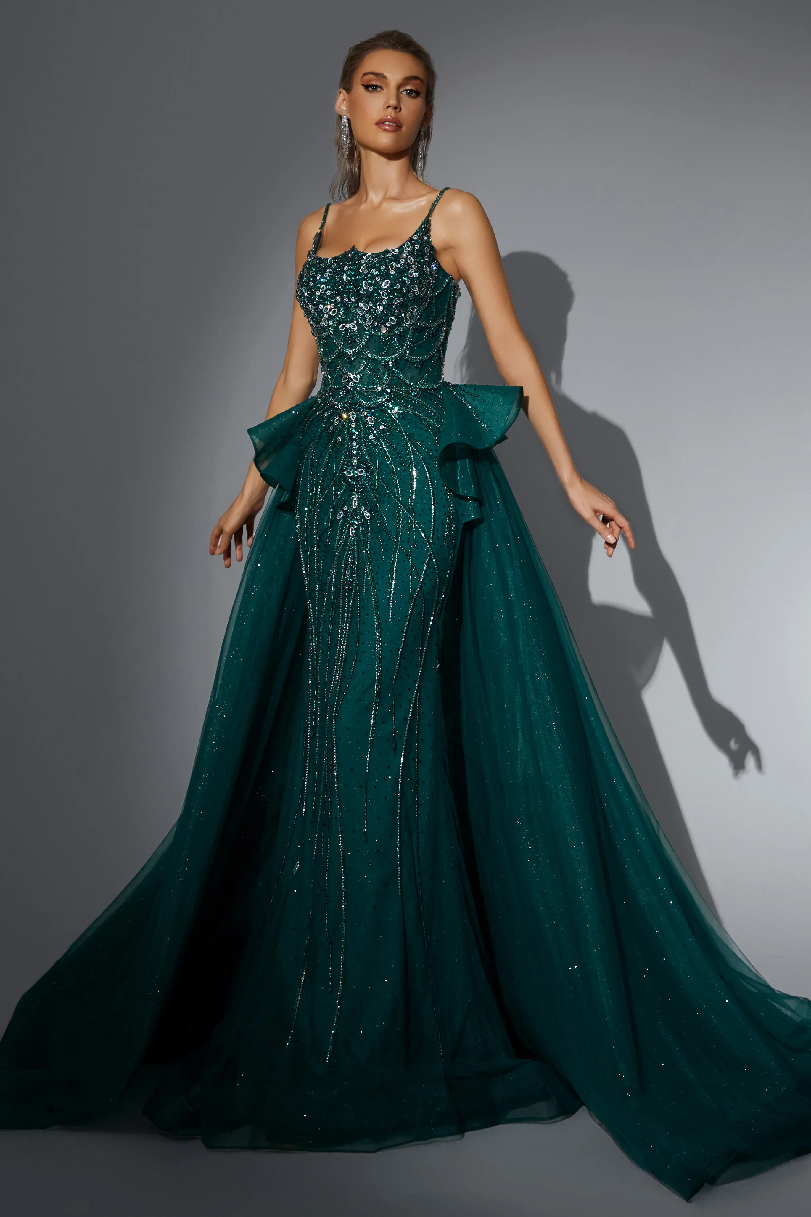 Gothic Emerald Green Sequin Ball Gown with Layered Tulle Skirt - Pretty Sequin Dress - Designer Sequin Gown Plus Size