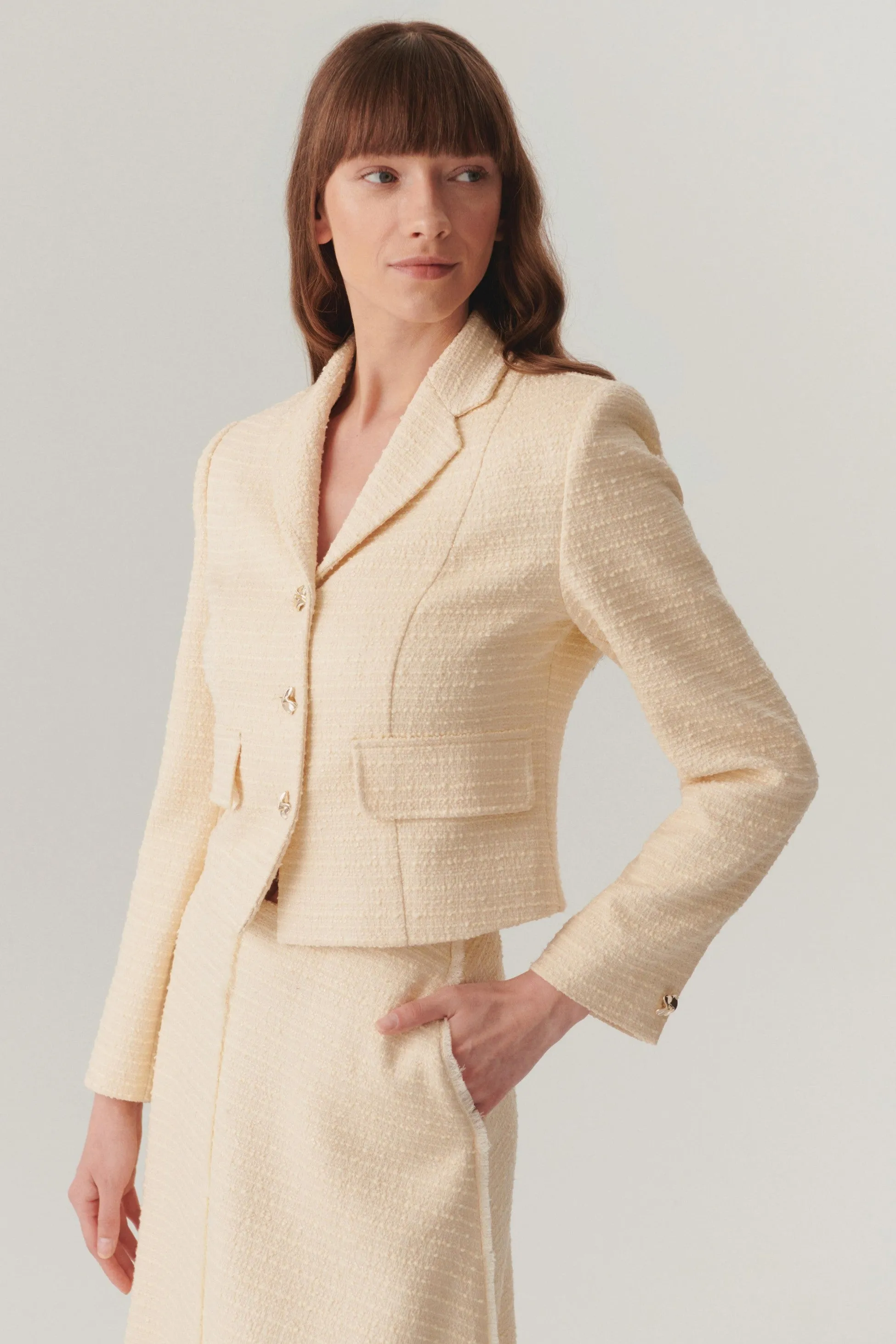 Ivory Ecru Cropped Bouclé Blazer
