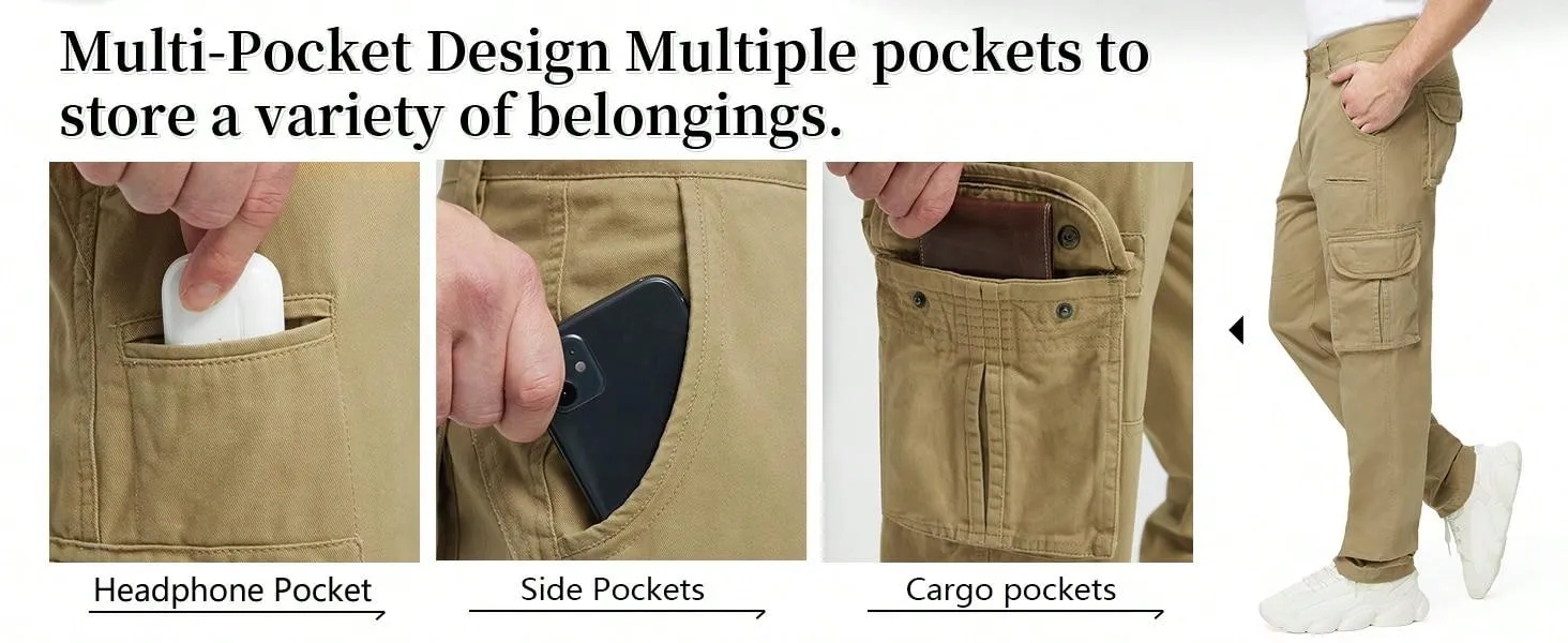 JAWERU Cargo Pants For Men Multi Pockets Mens Pants Classic Cotton Casual Work Hiking Relaxed Fit Chino Pants