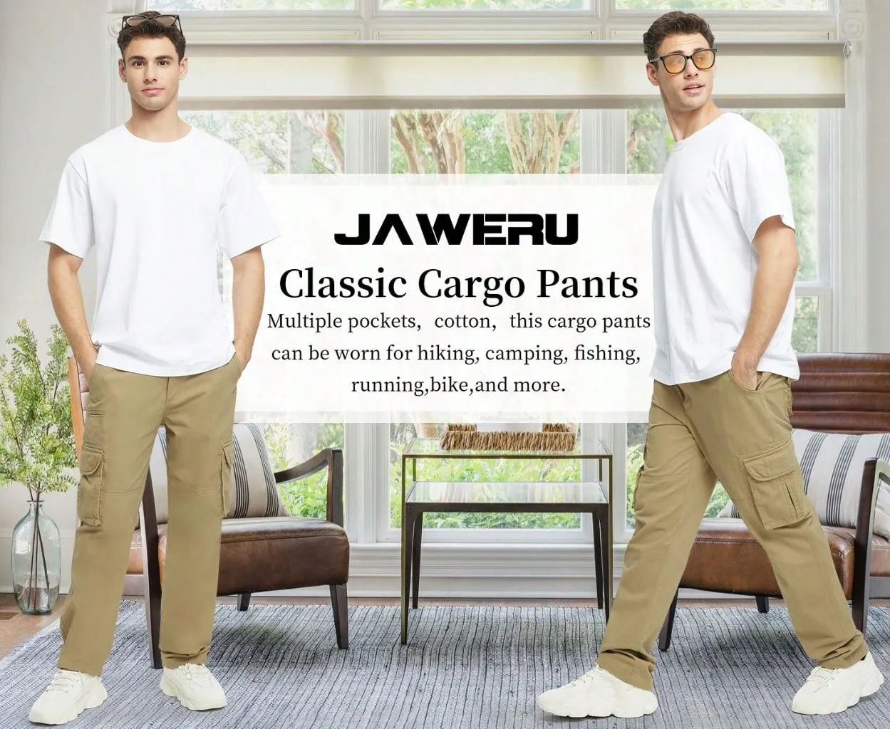 JAWERU Cargo Pants For Men Multi Pockets Mens Pants Classic Cotton Casual Work Hiking Relaxed Fit Chino Pants
