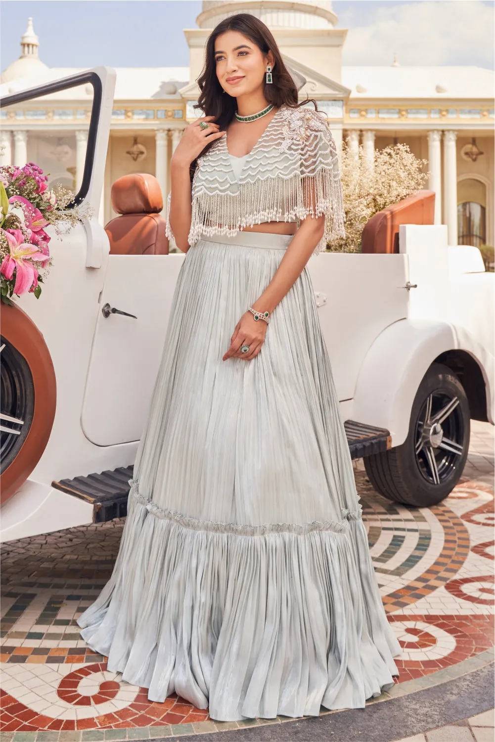 Jennifer Papersatin Net Bustier and Skirt with Embellished Cape