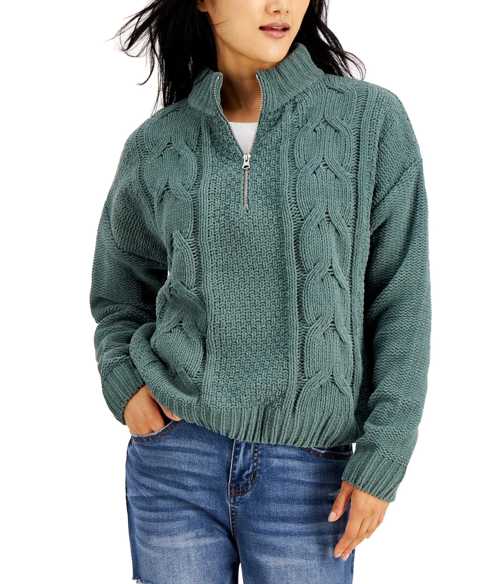 Juniors' Chenille Cable-Knit Sweater