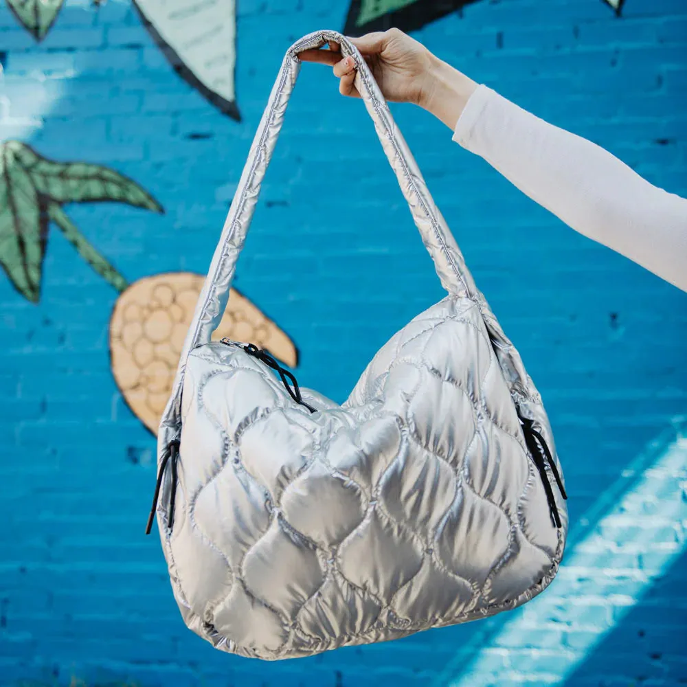 Katydid Metallic Silver Wave Quilted Hobo Tote Bag