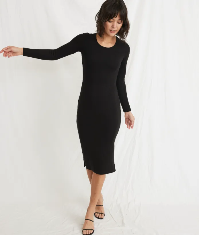 Lexi Rib Long Sleeve Midi Dress - Black