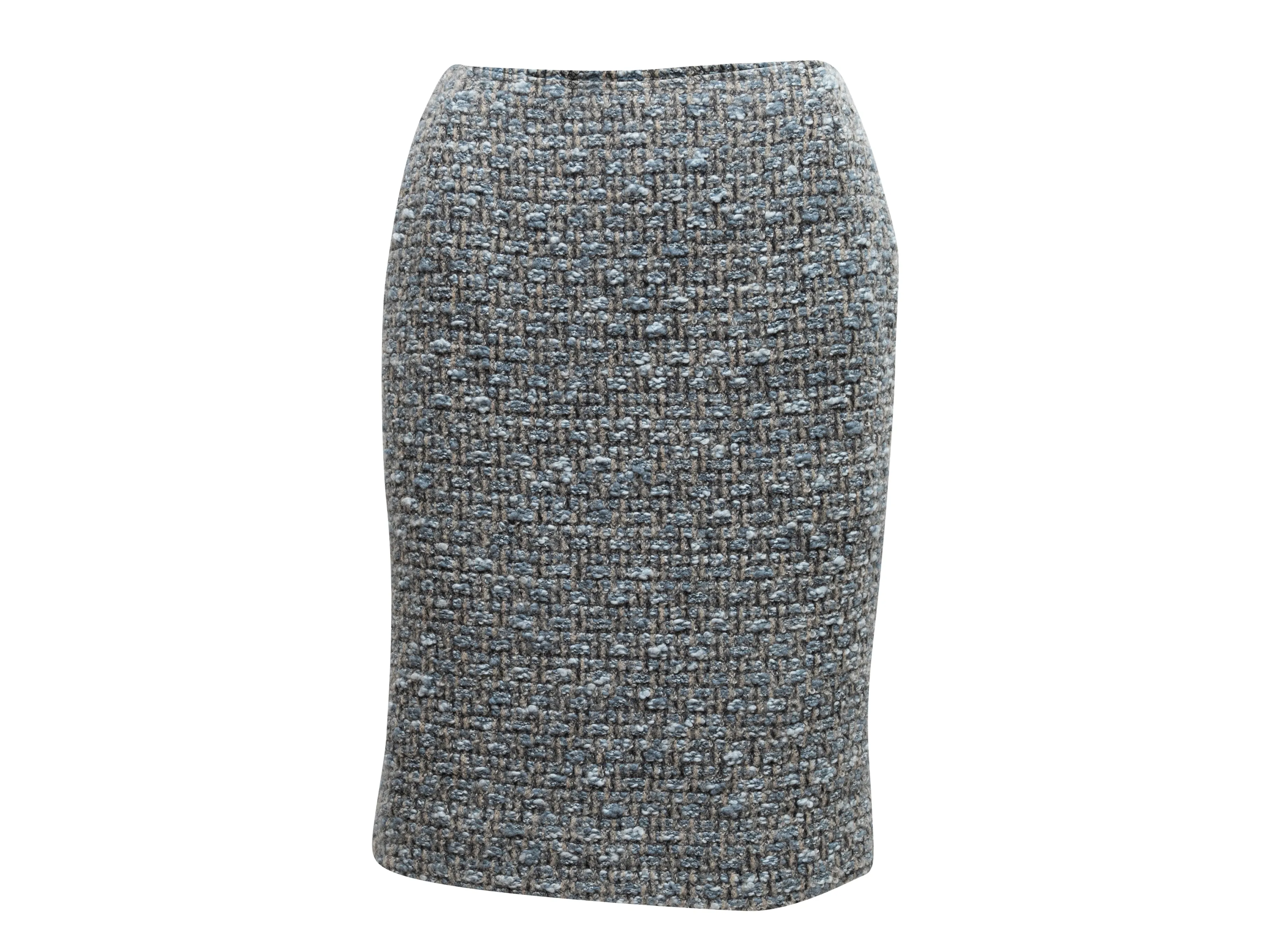 Light Blue & Grey Oscar de la Renta Wool & Cashmere Skirt Suit Size UK 4,8