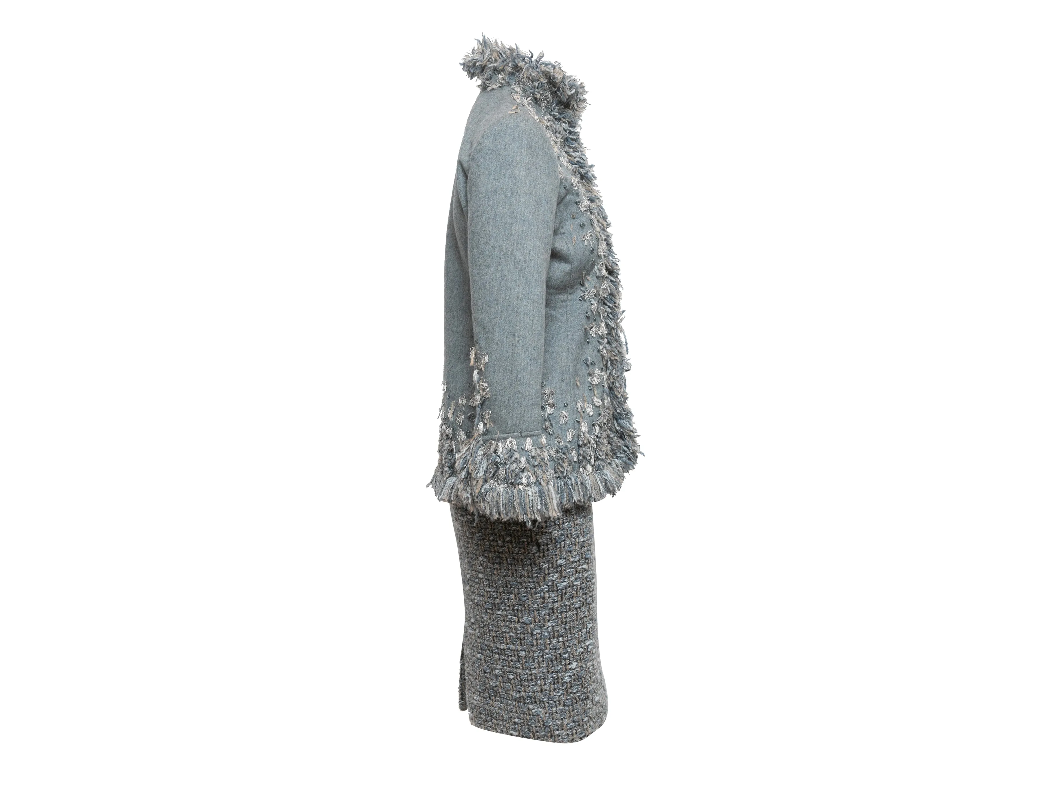 Light Blue & Grey Oscar de la Renta Wool & Cashmere Skirt Suit Size UK 4,8