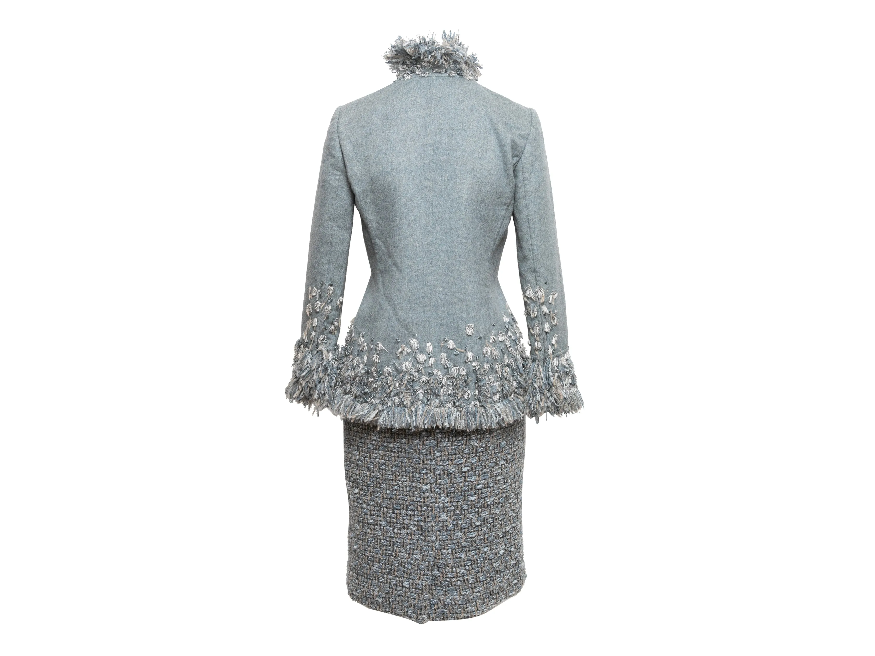 Light Blue & Grey Oscar de la Renta Wool & Cashmere Skirt Suit Size UK 4,8