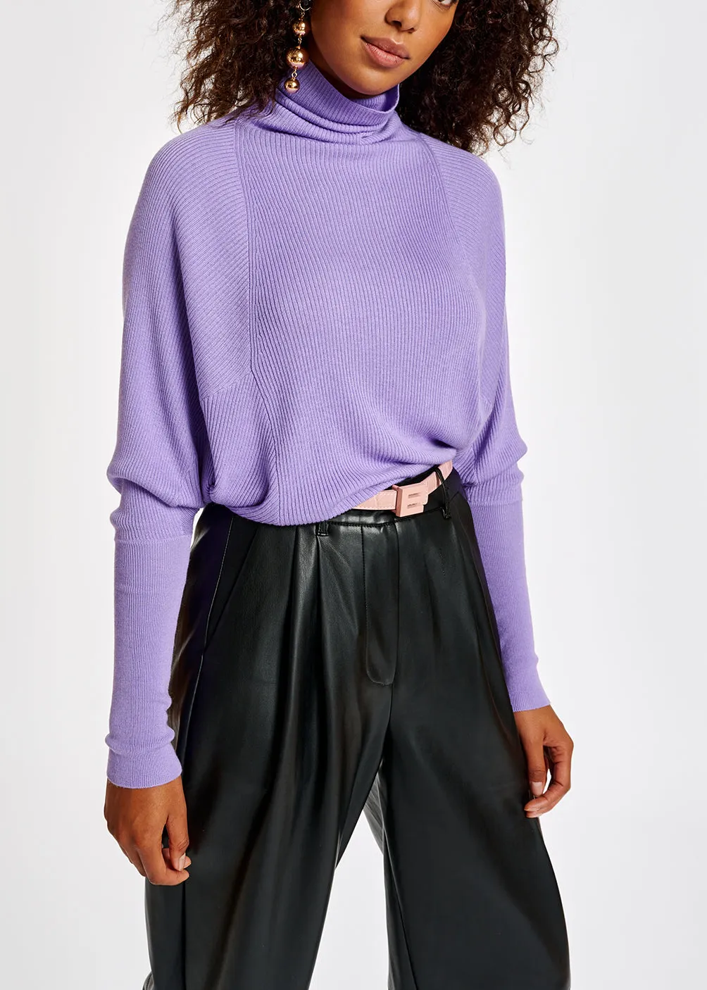 Lilac batwing-sleeve turtleneck sweater