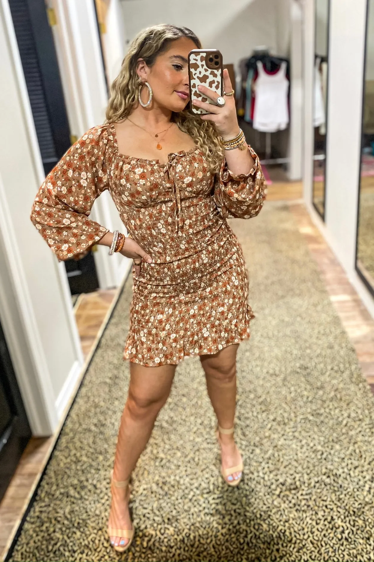 LONG SLEEVE FLORAL SMOCKED BODYCON DRESS