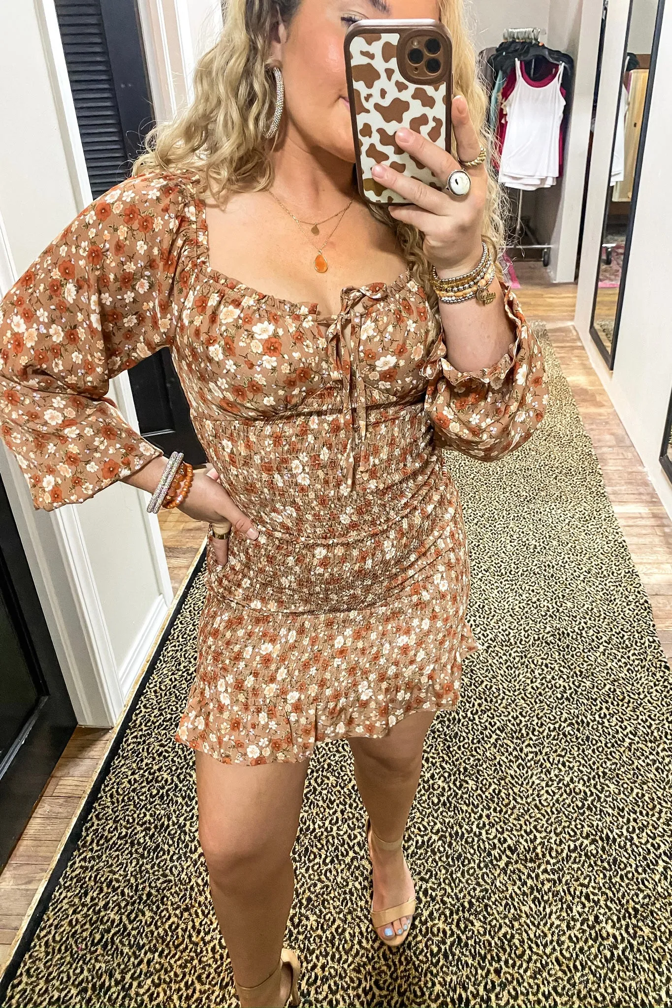 LONG SLEEVE FLORAL SMOCKED BODYCON DRESS
