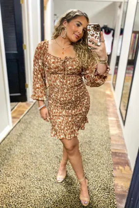 LONG SLEEVE FLORAL SMOCKED BODYCON DRESS