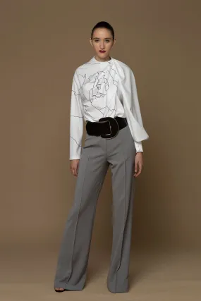 Long-Sleeved Draped Blouse with Flared Pants