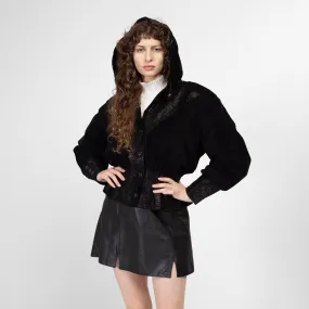 Medium 80s Black Embossed Suede Cropped Hooded Jacket