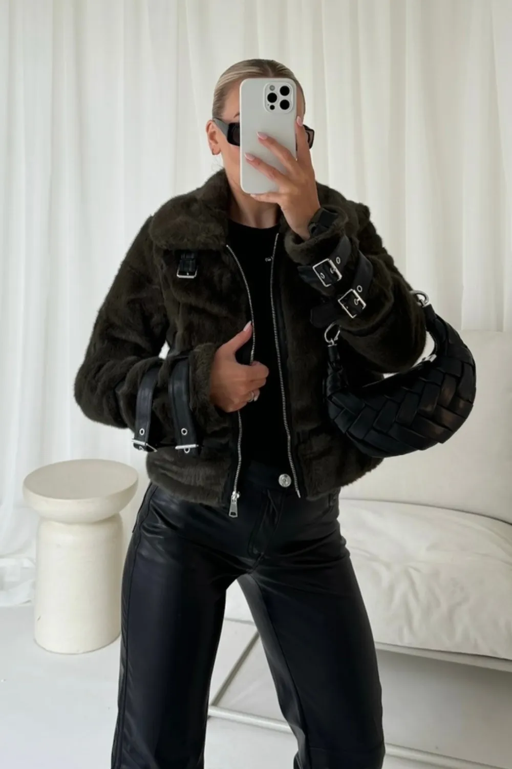 Mollie khaki faux fur aviator jacket