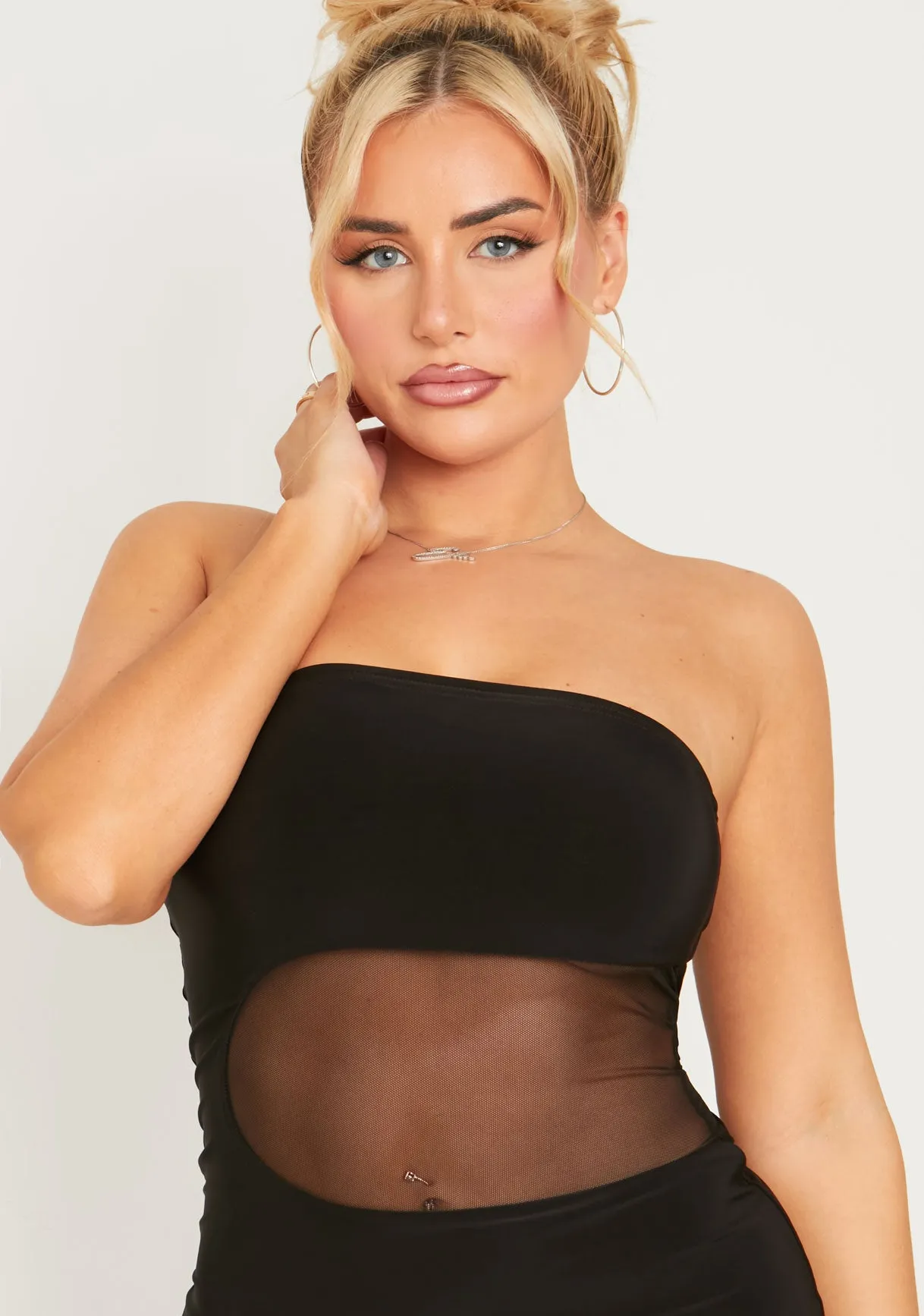 Ophelia Black Slinky Mesh Cut Out Bandeau Mini Dress